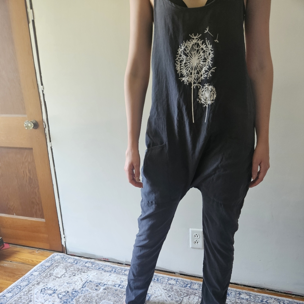 Source Unknown Black Jumpsuit with White Floral Design